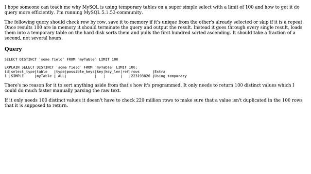 Databases: Why is a 'Select distinct limit 100' using tmp tables? смотреть онлайн