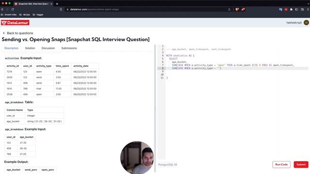 SQL Interview Question - Sending vs. Opening Snaps - Snapchat Interview #datascience #sql смотреть онлайн