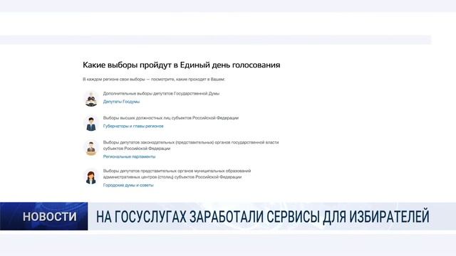 НА «ГОСУСЛУГАХ» ЗАРАБОТАЛИ СЕРВИСЫ ДЛЯ ИЗБИРАТЕЛЕЙ смотреть онлайн