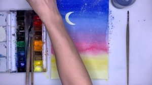 Как нарисовать закат поэтапно. Рисуем закат акварелью просто.  Месяц и пальмы. Урок рисования.