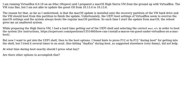 How to boot into UEFI shell on VirtualBox with a macOS guest?