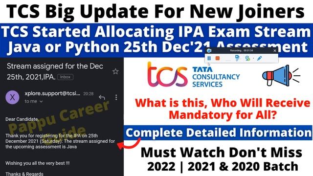 TCS Started Allocating IPA Exam Stream Java or Python 25th Dec'21 IPA Assessment for all New TCSer смотреть онлайн