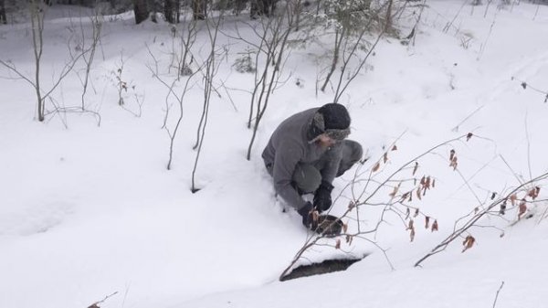 cold winter night in an abandoned hunters log cabin