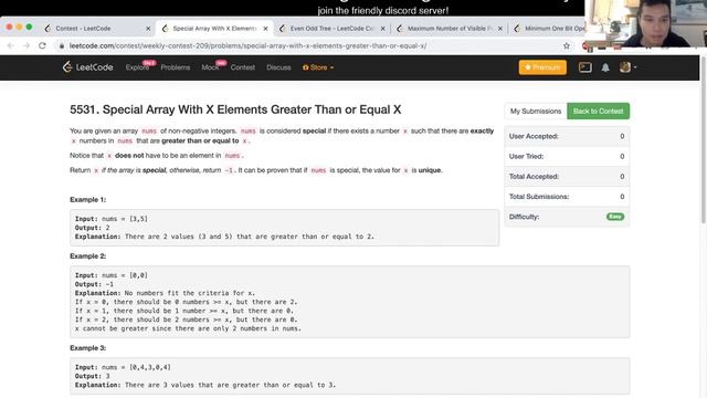 1608. Special Array With X Elements Greater Than or Equal X (Leetcode Easy) смотреть онлайн