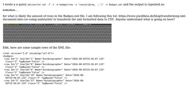 Unix & Linux: XmlStarlet xml to csv output as 'NaNNaNNaN' смотреть онлайн