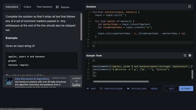 Решение задачи Strip Comments по JavaScript на Codewars смотреть онлайн