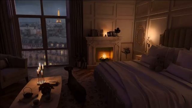 Fireplace And Rain On Windows In A Cozy Paris Bedroom Ambience - ASMR For Study/Sleep
