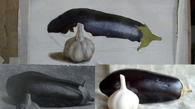 [21] Баклажан и чеснок. Акварель. Живопись. смотреть онлайн