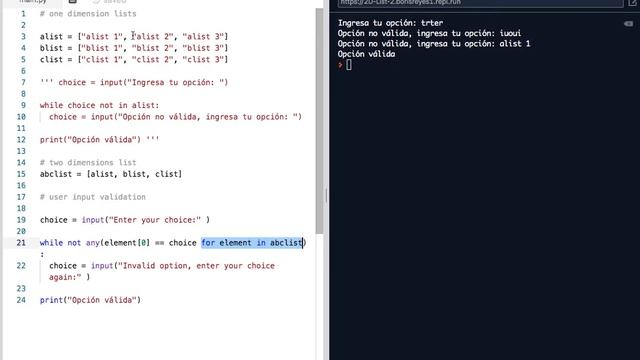 Python: Validar inputs con elementos de listas de 1D y 2D смотреть онлайн