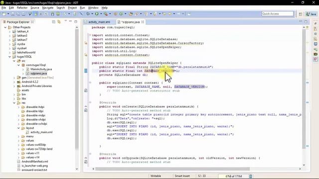 Tugas 10: sqlite 1_Menggunakan DATABASE di eclipse.DATABASE NAME=peralatanmusik & TABLE NAME = pian смотреть онлайн