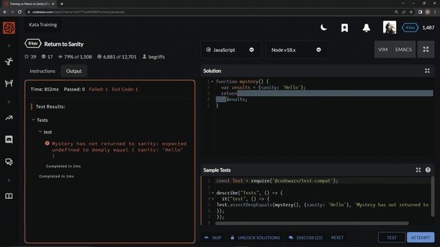 Codewars 8 kyu Return to Sanity Javascript смотреть онлайн