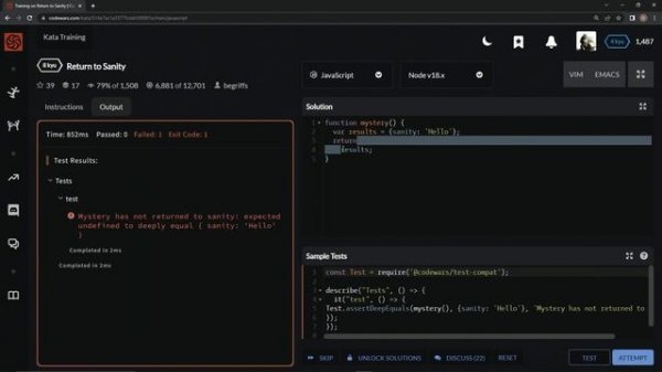 Codewars 8 kyu Return to Sanity Javascript