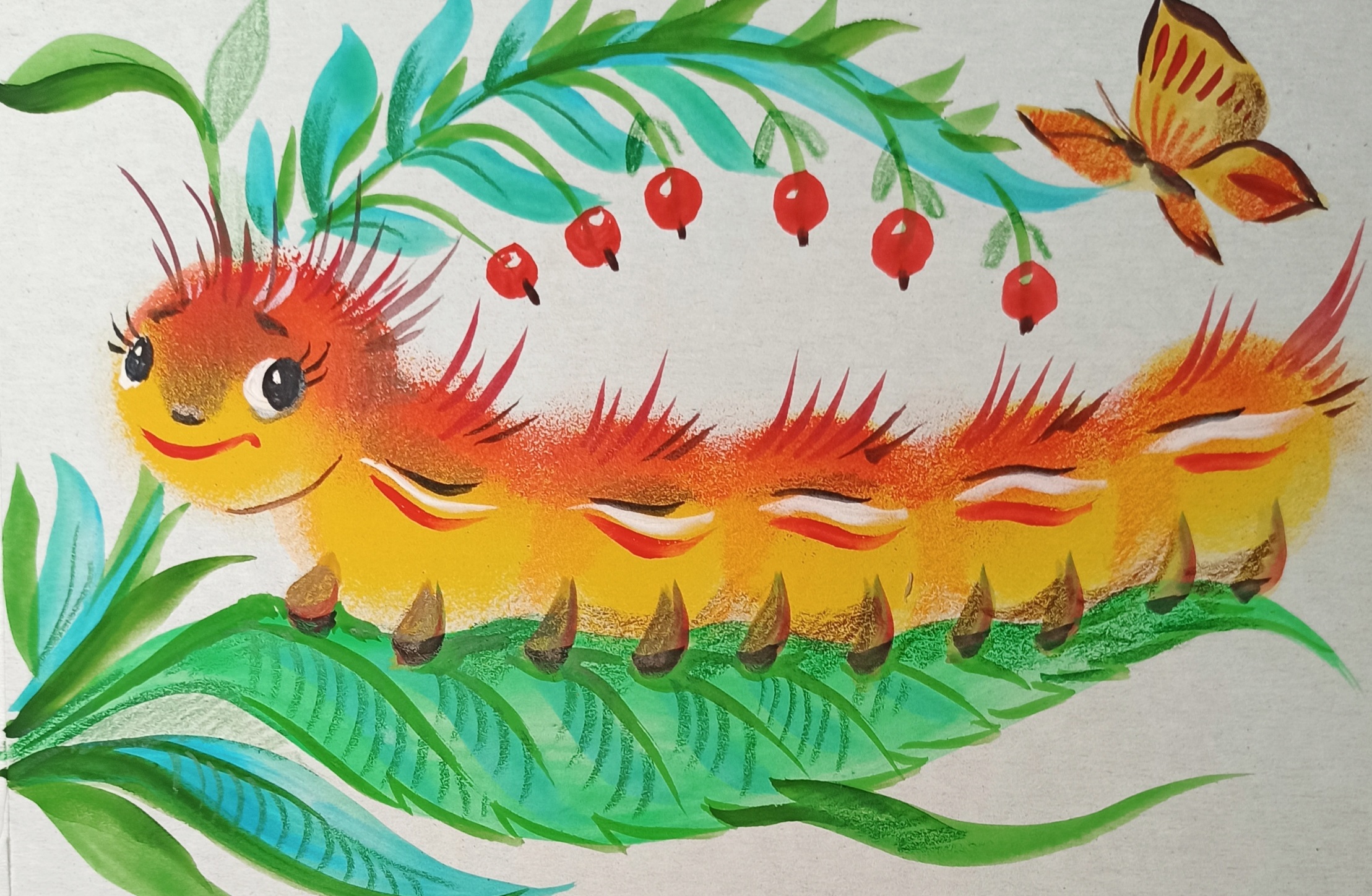 Как просто нарисовать гусеничку гуашью при помощи кисти-губки. смотреть онлайн