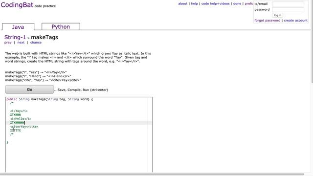 Codingbat - makeTags (Java) смотреть онлайн