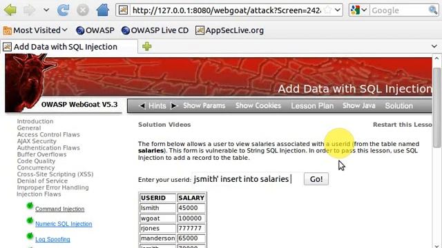 WEBGOAT V5.3 - Add Data with SQL Injection смотреть онлайн