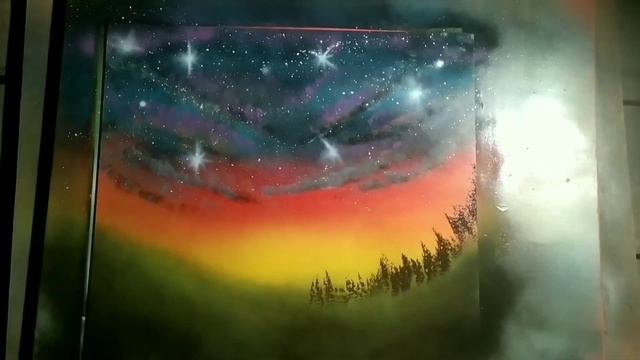 Картина баллончиками. Ночной лес.Sprey paint art смотреть онлайн