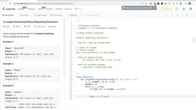 Leetcode 3: Longest Substring Without Repeating Characters смотреть онлайн