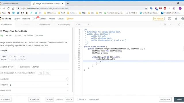 (C#)LeetCode 21 Merge Two Sorted Lists смотреть онлайн