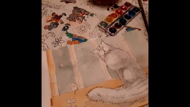 Как нарисовать кота. Кот и мышь. Акварель для детей. смотреть онлайн