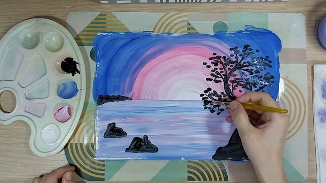 Рисуем с детьми от 5 лет простую и эффектную картину гуашью - Кораблик на рассвете смотреть онлайн