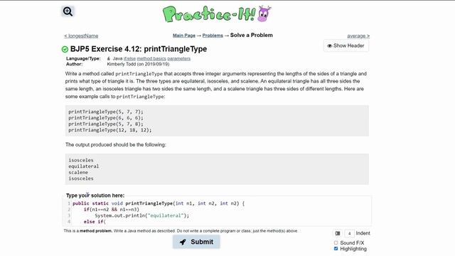 Java Practice It | Exercise 4.12: printTriangleType | if/else, method basics, parameters смотреть онлайн