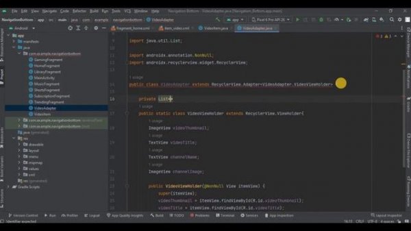 RecyclerView in Fragment in Android Studio using Java | YouTube Clone
