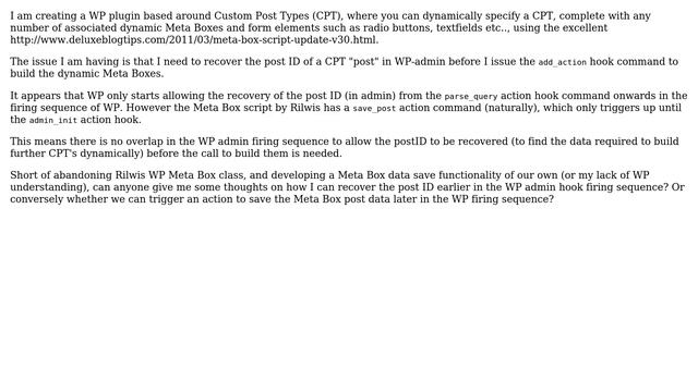 Wordpress: How to recover the post ID earlier in the WP admin hook action "firing" sequence? смотреть онлайн