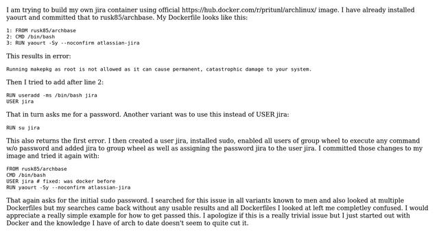 How to install arch linux packages with yaourt when invoked with docker build from Dockerfile? смотреть онлайн