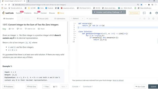 Leetcode solving: 1317. Convert Integer to the Sum of Two No-Zero Integers смотреть онлайн