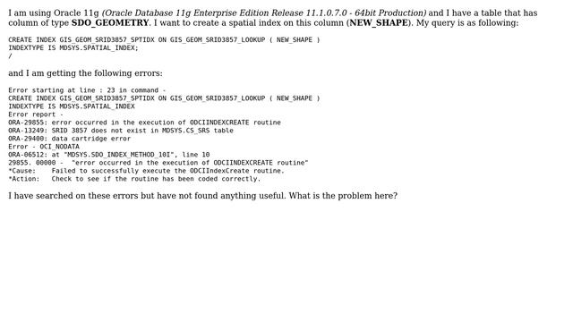 GIS: Errors in creating spatial index on SDO_GEOMETRY column in Oracle 11g смотреть онлайн