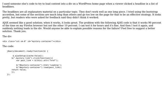 Wordpress: Using AJAX to load div doesn't always work смотреть онлайн