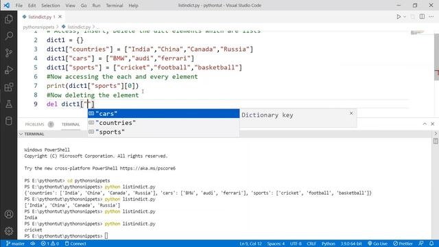 Accessing, Inserting, Deleting the list as a element of dict. смотреть онлайн