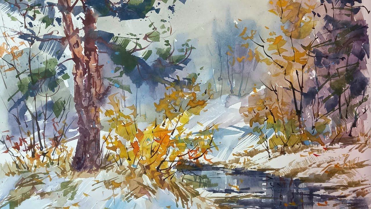 Первый снег, акварель смотреть онлайн