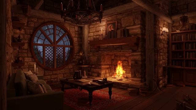 Cozy Hut Ambience - Gentle Night Rain & Fireplace