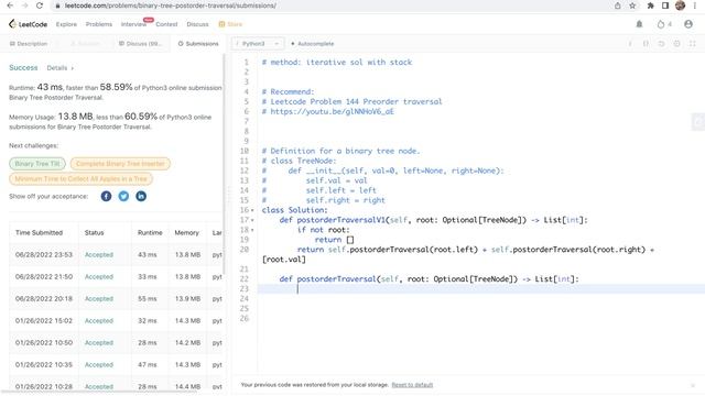 Leetcode 145. Binary Tree Postorder Traversal - iterative method with stack смотреть онлайн