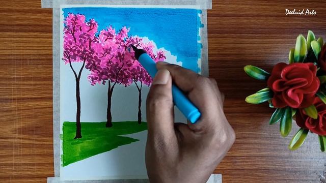 How to draw Easy Cherry Blossom Scenery / Drawing with cheap brush pen /step by step смотреть онлайн