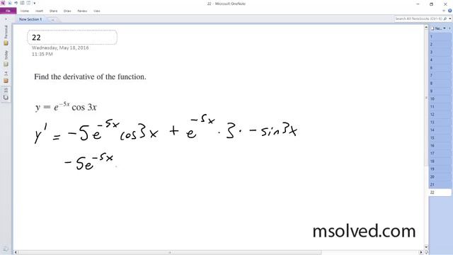 y = e^(-5x) * cos 3x, Find the derivative of the function. смотреть онлайн