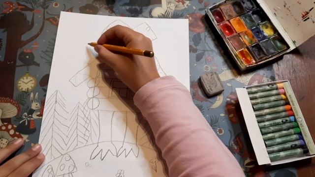 Как быстро нарисовать избушку на курьих ножках акварелью и мелками. смотреть онлайн
