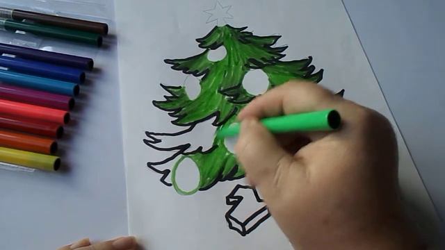 Рисуем новогоднюю ёлочку Украшаем игрушками с блёстками смотреть онлайн