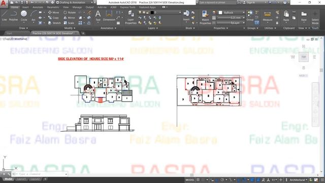 AUTOCAD # 226 Side Elevation of Double Story House Size 50' x 114' смотреть онлайн