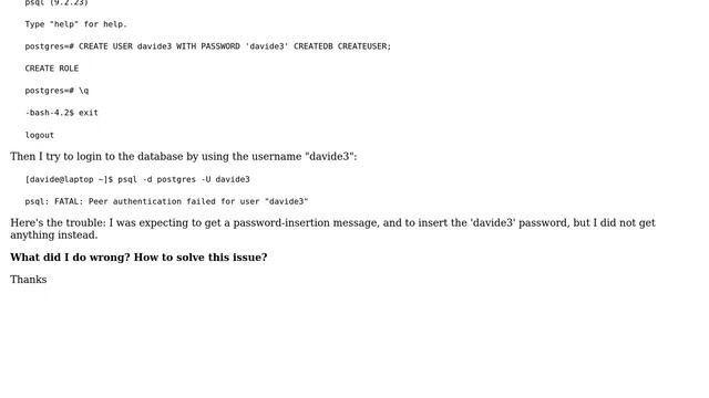 psql, I try to connect to a database and I get "psql: FATAL: Peer authentication failed for user... смотреть онлайн