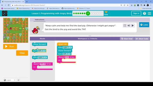 L1-7 |Code.org | Express-2021 | Lesson 1: Programming with Angry Birds | level 7 смотреть онлайн