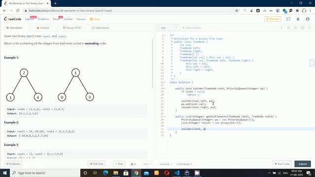 All Elements in Two Binary Search Tree leetcode | Java solution | inorder traversal + min heap смотреть онлайн