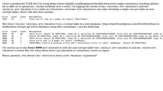 Databases: Why does DBCC CHECKTABLE WITH TABLERESULTS only report Error 8990 on corrupt tables? смотреть онлайн
