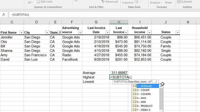 Using the Subtotal function in Excel with Fitering by Chris Menard смотреть онлайн