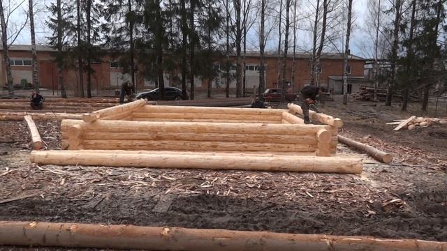 Сруб дома 6х7 с рубленными фронтонами, рубка в чашу. Часть 1 смотреть онлайн