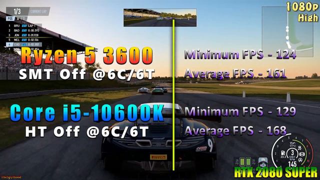 Ryzen 5 3600 @SMT Off (6C/6T) vs Core i5 10600K @HT Off (6C/6T) смотреть онлайн