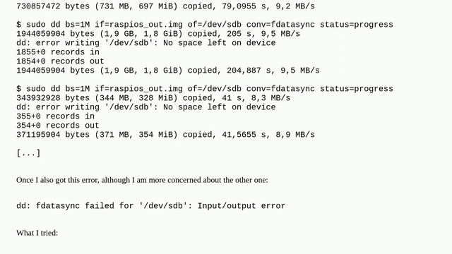 Unix: Why is dd randomly throwing a "No space left on device" error even though there is plenty? смотреть онлайн
