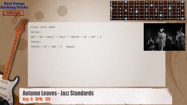 🎸 Autumn Leaves - Jazz Standards MELODY Guitar Backing Track with chords and lyrics смотреть онлайн