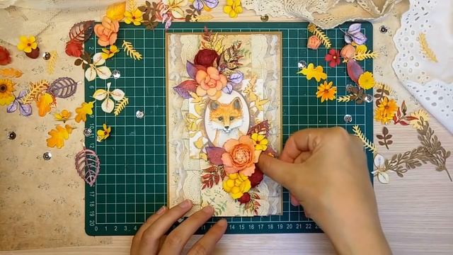 ОТКРЫТКА с лисенком / СКРАПБУКИНГ/ Scrapbooking Autumn Card With Flowers And Fox (tutorial)